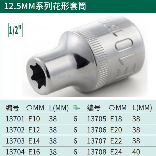 世达E型套筒13701大飞花键花型套头E10E16E18E20E22内花套管13708 大飞花型E10一E24八件套