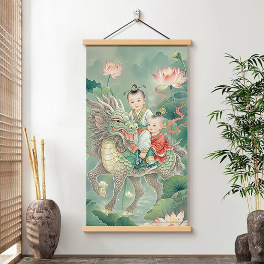 麒麟送子挂图麒麟子装饰年画海报麒麟子图富贵吉祥结婚童子画卧 11151麒麟送子图A 宽60CM*高120CM 色框+高清油