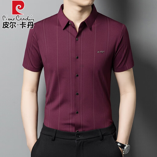 皮尔卡丹喜爸爸正装结婚宴礼服公公短袖衬衫衣男士酒红色夏季半袖中年 焦糖 165/M