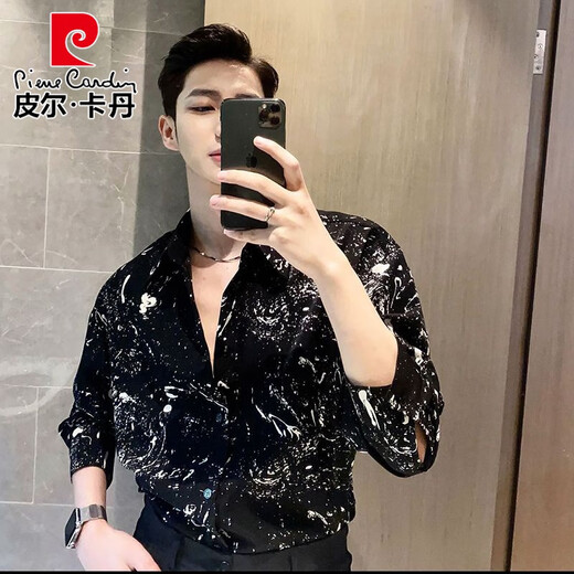 Pierre Cardin Spring and Autumn New Internet Celebrity Long Sleeve Floral Shirt Men's Fashion Dark Ice Silk Shirt Retro Niche Bottoming Shirt Nightclub Black XL 145-168Jin Jin is equal to 0.5 kg