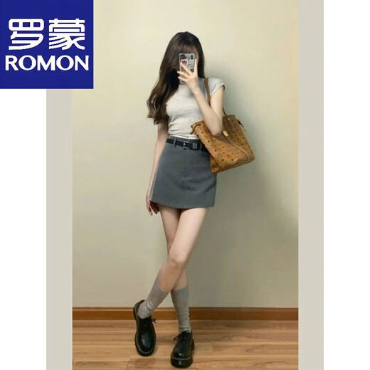 Falda corta de estilo Romon College para mujeres 2025 Nuevo primavera y verano Versátiles versátiles simples anti-exposición A-línea Cabalda gris delantera Media Gray S Winist 64cm