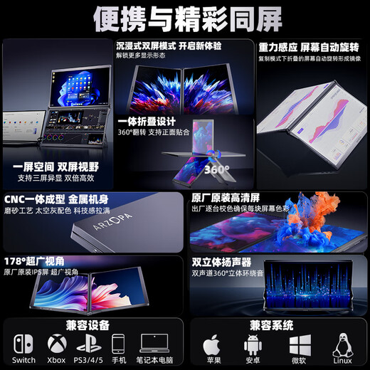 ARZOPA 15,6-Zoll-Dual-Screen-tragbares Display, faltbares Mobiltelefon, Laptop, sekundärer Bildschirm, externes Büro, Aktienhandel, Spielcomputer, erweiterter Bildschirm E1