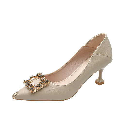 
Belle-Tao series brand broken-size high heel shoes for women new soft leather without grinding thin heel buckle pointed cat heel shoes working apricot color 4.5cm 38