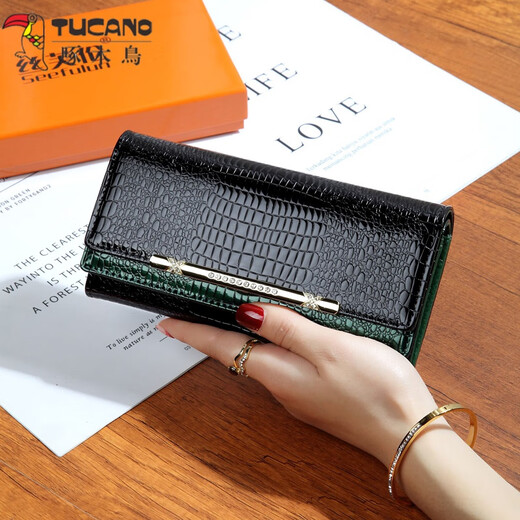 Woodpecker (TUCANO) 2025 New Women's Wallet Women's Long Japanese and Korean Wallet Women's Wallet Large Capacity Clutch Women's Handbag Birthday Gift for Mom, Girlfriend and Wife Green and Black