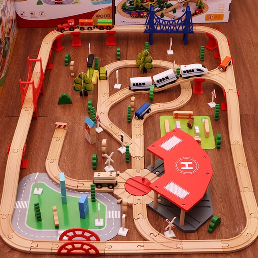 赟娅木质小火车轨道套装磁性电动车头积木拼装六一儿童节玩具生日礼物 146件套电动轨道车带电动火车