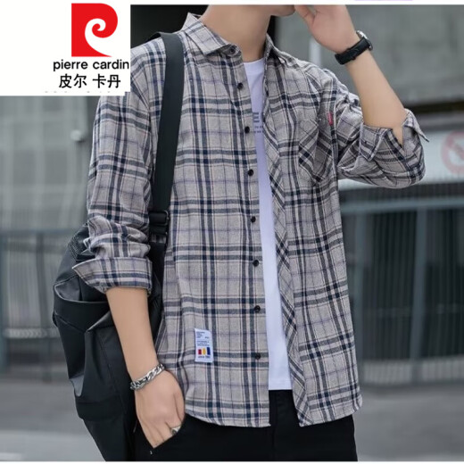 
Pierre cardin plaid casual shirt men's spring and autumn long-sleeved shirt Korean top retro loose autumn thin jacket K12108 white M 90-110Jin [Jin equals 0.5 kg]