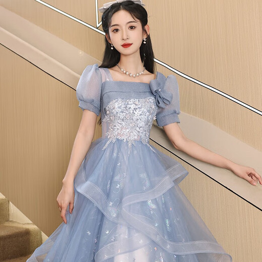 丽佰昕蓝色小晚礼服2025新款宴会高级感法式学生艺考小众主持人蓬蓬裙女 蓝色中长 M  建议90-100斤
