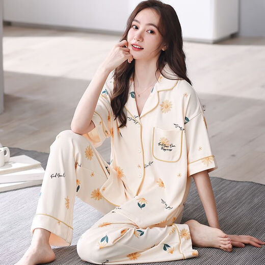 
LangSha 2025 new pajamas women's summer short-sleeved trousers lapel cardigan middle-aged mother's home clothes can be worn outside PDDQ9928 L [recommended 100-120 Jin [Jin equals 0.5 kg]]