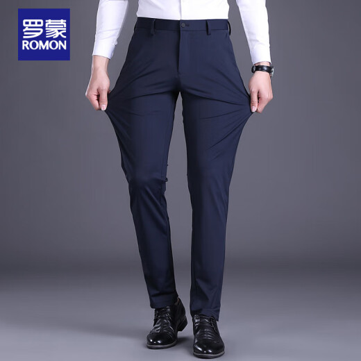 ROMON Casual Pants Men's Summer Business Pants Men's Straight Slim Formal Slightly Elastic Men's Pants Blue 30