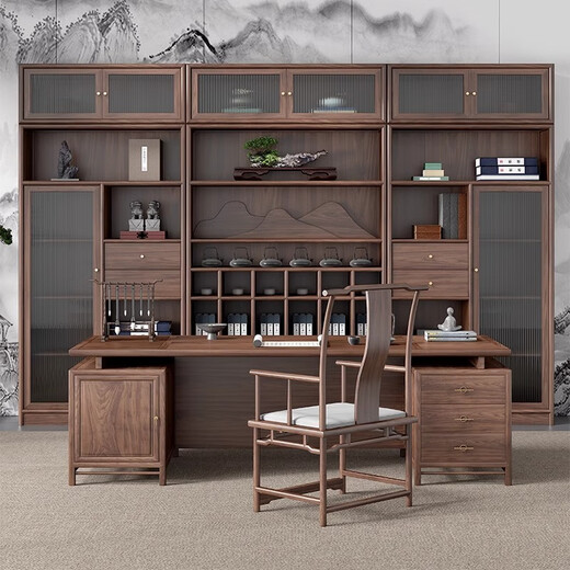 Qiheng (XIIBLC) new Chinese style desk boss desk solid wood general manager desk office furniture walnut desk and chair combination North American black walnut (table 180*80*75)