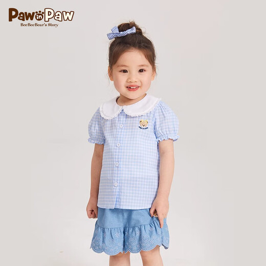 PawinPaw cartoon bear children's clothing summer girls lapel fashionable sweet short-sleeved shirt Blue blue/50 90
