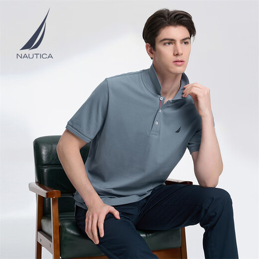 NAUTICA men's summer casual cotton ammonia multi-color skin-friendly soft micro-elastic lapel short-sleeved POLO shirt for men 3103 haze blue 41H M