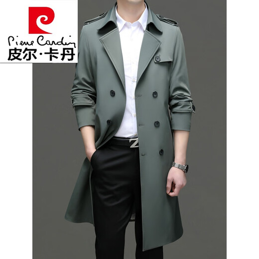 Pierre Cardin windbreaker men's long 2025 spring and autumn business casual suit collar coat British style knee-length coat men's knitted pea green XL 180 Recommendation 145-165Jin Jin equals 0.5 kg