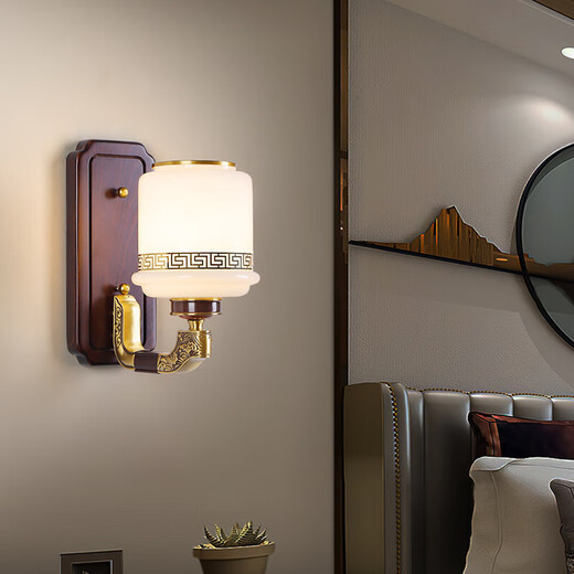 Neue chinesische Wandlampe Full Kupfer 2024 Neues chinesisches Stil Massivholz Zen Krankenbettlampe Hintergrund Wandlampe Treppenlampe Einkopfwand Lampe-1105 [Massivholz Lampenarm] Keine Spezifikationen