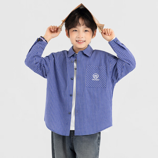 Duojia Boys' Shirts 2026 Spring and Autumn Classic Navy Blue Plaid Jacket LOGO Embroidered American Children's College Style Top