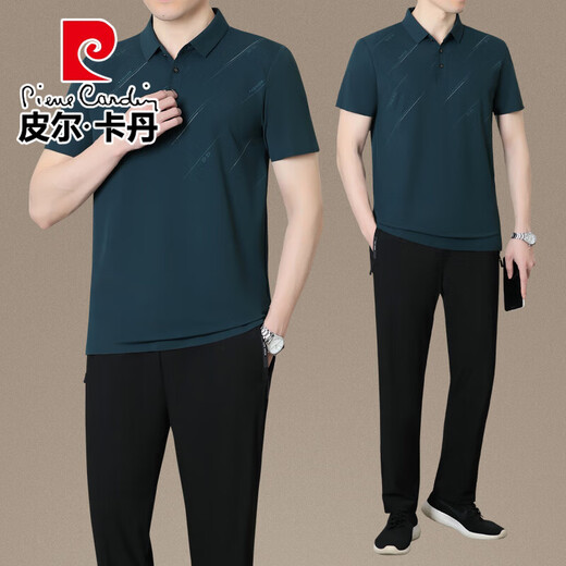 Pierre cardin dad summer sports suit men's ice silk short-sleeved T-shirt for middle-aged and elderly Father's Day summer breathable quick-drying clothes 717 ultramarine [short-sleeved + trousers] 2XL [recommended 140-160 Jin [Jin equals 0.5 kg]]