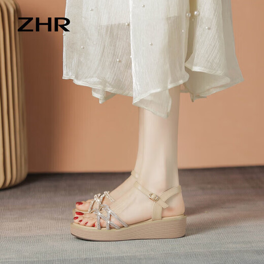 ZHR Keilsandalen für Frauen, dicke Sohlen, Frauenschuhe, schlank und dünn, mit Strasssteinen, bequeme Außenschuhe für Frauen, AY137 Champagner 37