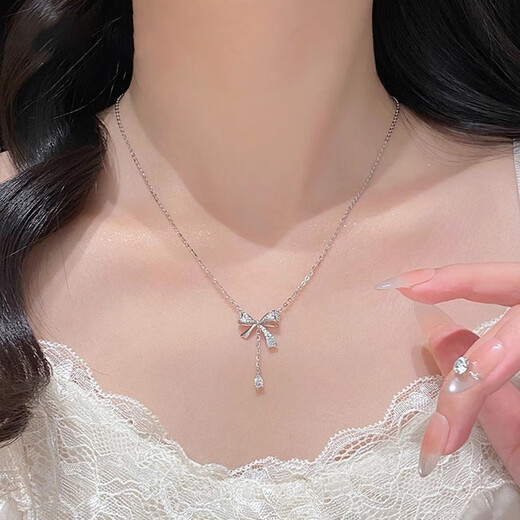 Xinshe 999 sterling silver bow necklace for women, light luxury pure silver bestie commemorating Valentine's Day birthday gift for girlfriend Princess knot necklace + butterfly gift box