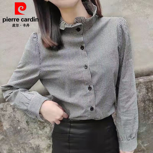 Pierre Cardin black and white plaid shirt women's long-sleeved stand-up collar fungus lace cardigan top Korean style spring and autumn loose bottoming versatile black and white plaid S 75-95Jin Jin equals 0.5 kg