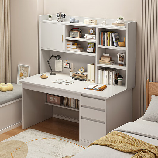 Jiajialin Desk Bookcase Integrated Computer Desk Desktop Home Bedroom Small Study Table Rental House Office Writing Desk Subsidy Luxurious Height Warm White 120cm