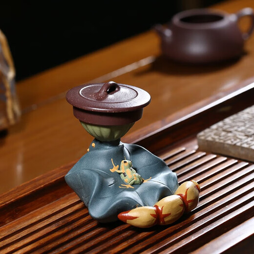Fuyaji tea pet ornaments Yixing purple sand fully handmade boutique frog lotus seed lid holder tea set accessories