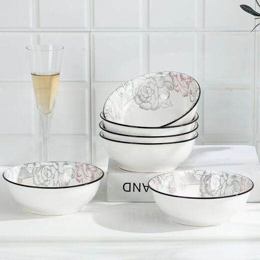 Ceramic soup bowl, large thickened Chinese tableware bowl, rice bowl, rich peony bamboo hat bowl 1 piece (without spoon)