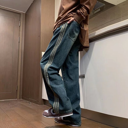 POUM American high street retro three-bar washable old jeans men's trendy brand loose casual versatile straight pants men CRB-1365 blue XL