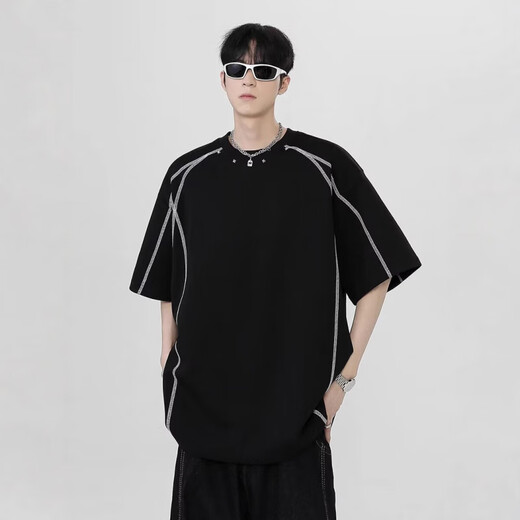 
COLORFUL GEMS summer contrasting line shoulder pad short-sleeved shirt men's design small neckline 1421 white M