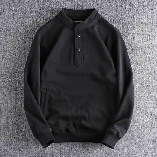 Kuraishi Kazuki trendy brand heavyweight pure cotton Henry collar sweatshirt men's autumn and winter 2025 new half open collar loose retro bottoming shirt black 3XL 170-190Jin Jin equals 0.5 kg