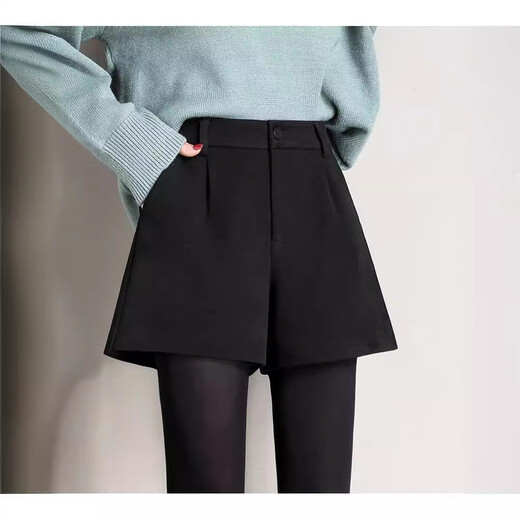 FOX.G black shorts for women for autumn and winter casual loose leggings showing long legs for girls women's commuter suit pants black button elastic waist woolen shorts without belt M recommended 100-115 Jin Jin equals 0.5 kg