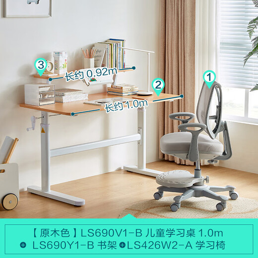 林氏家居现代简约可升降儿童学习桌椅家用学生成人书桌子LS690V1-B 【1.0米】桌子+书架+灰色护脊椅