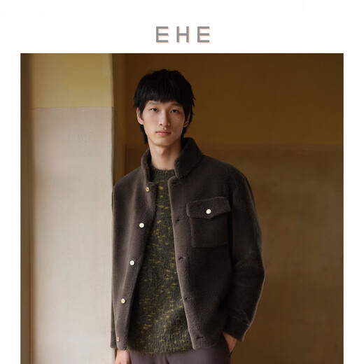 EHE Men's New Winter Sheep Wool Multi-Pocket Design Warm Fit Stand Collar Fur Jacket for Men, Olive Green, Size S