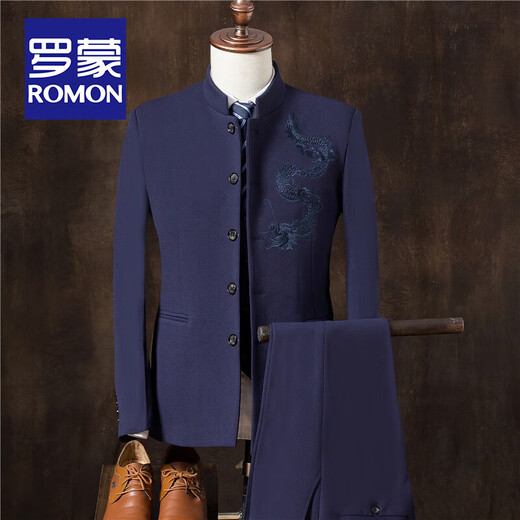 ROMON Chinese tunic suit for young men Chinese suit suit men Chinese stand collar casual jacket wedding dress two-piece trendy gray-TZ109 suit + pants XL 135Jin Jin equals 0.5 kg for inner wear
