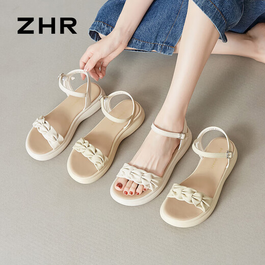 ZHR凉鞋女夏季时尚厚底增高女鞋简约一字带搭扣鞋子女 M563 米色 37 