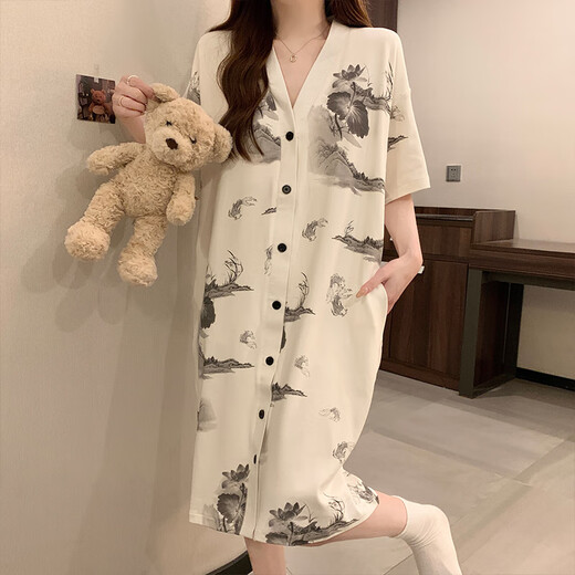 Hong Kong Lianya Nightgown avec coussinet de poitrine pour les femmes pour l'été à manches courtes à manches minces de pyjamas pour femmes peinture à l'encre de grande taille des vêtements pour la maison pour usager 5155 fleurs vertes avec coussinet m m-m