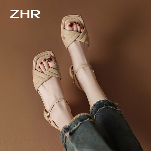 ZHR凉鞋女夏季优雅一字带粗跟女鞋温柔纯色高跟鞋子女 Y683 杏色 34
