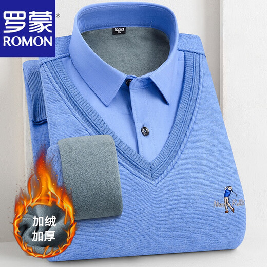 罗蒙（ROMON）男士加绒加厚羊.毛衫针织假两件衬衫冬季保暖衬衣纯色冬高 假两件-681 加绒 2XL (140-160斤)