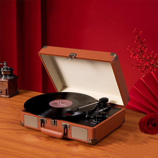 Yunya wedding gift for newlyweds, wedding and engagement, vinyl record player, bluetooth audio, living room ornaments, housewarming gift, bluetooth model, Chinese red, with gift bag, does not include records