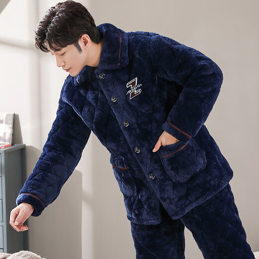 
Catman (MiiOW) Winter Coral Fleece Men Sleeping Three-layer Cotton Thickened Flannel Autumn and Winter Home Suit Warm C9903# Blue Men [Milk Fleece] 3-layer xXL (125-145Jin [Jin equals 0.5 kg]) Three-layer Thickened