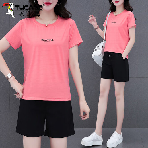 啄木鸟中年女装夏装休闲运动服套装女士2025冰丝休闲裤时尚薄款女装经典 9711粉红(印花款)【五分裤套装】 M (推荐80-95斤)