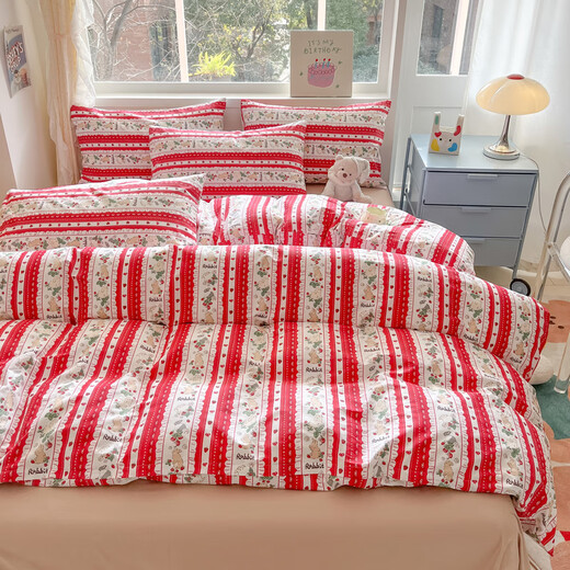 Taowei ins cotton bed four-piece set 100% cotton quilt cover cartoon dormitory bed sheet three-piece naked sleeping bedding red bunny 100% cotton skin-friendly naked sleeping 1.8m bed/sheet style four-piece set 200x230 quilt cover Taowei ins cotton bed four-piece set 100% cotton quilt cover cartoon dormitory bed sheet three-piece naked sleeping bedding red bunny 100% cotton skin-friendly naked sleeping 1.8m bed/sheet style four-piece set 200x230 quilt cover
