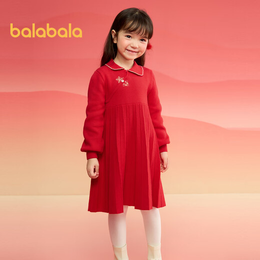 Balabala girls new Chinese style knitted dress 2025 spring red pleated princess New Year skirt 208125111001