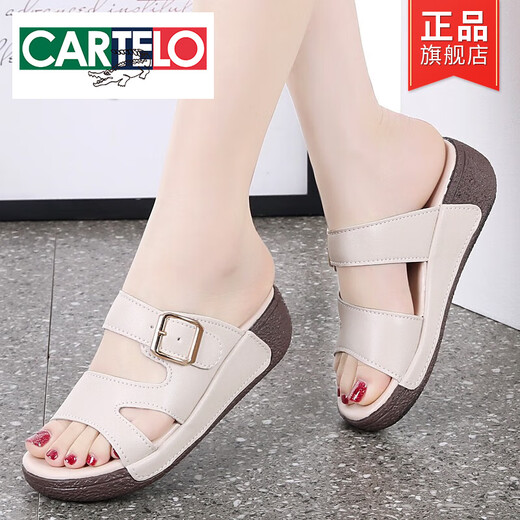 CARTELO Echtleder-Sandalen für Damen, 2025 Sommer, neue vielseitige Sandalen mit dicken Sohlen für Damen, rutschfest, einfache weiche Sohle, Oberbekleidung, Damenschuhe, Beige, 37