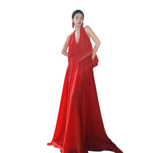 姿三彩晨袍女新娘订婚敬酒礼服性感挂脖海边拍照轻婚纱连衣裙 红色 L