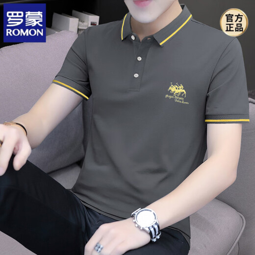 罗蒙（ROMON）珠地棉新款刺绣Polo.衫男士修身短袖t恤夏季翻领上衣透气半袖体恤 S5012款 黑色 M 适合95-115斤