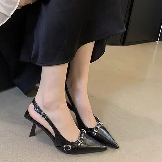 Guiqi Patente de cuero punteado tacones negros para mujeres Sandalias de mochilas de 6 cm Backle Back Back Strap Temperamento del tacón delgado y de patente maduro Negro 37 37