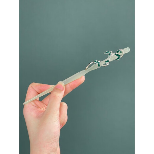 KERLA Teacher Gift Jasper Bamboo Hairpin Ancient Style New Chinese Style Hair Accessories on the Back of the Head Cool Feeling Diamond Green Leaves Green Jade Lotus Color Hairpin