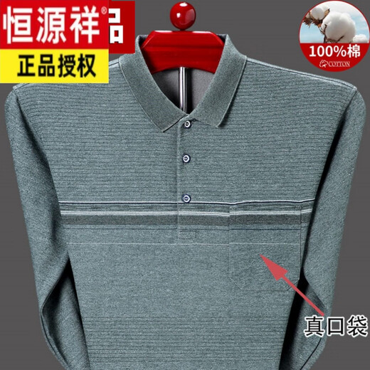 恒源祥男士纯棉有口袋长袖t恤中老年秋衣宽松全棉爸爸polo保罗衫 T9901--兰色 180/2XL【建议150--170斤】