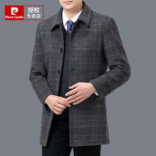 Pierre Cardin cold-proof and warm double-sided wool coat for men, medium-length down lining, middle-aged woolen woolen coat, winter plaid, gray L 175/92A