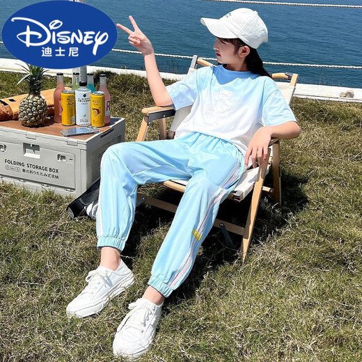 迪士尼（Disney）2024新款套装夏装女童休闲运动服女大童儿童夏季短袖时髦洋气童装 5671撞色+9731紫色(无鞋) 120 cm
